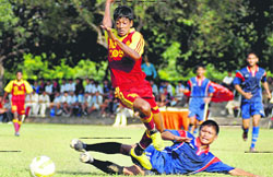 A match in progress during the 6th Administrators Challenge Cup All-India Football Tournament at the Sector 17 Football Stadium, Chandigarh