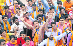 ABVP activists take out a rally at Student Centre, Panjab University