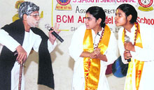 NSS volunteers stage a skit during a function at BCM Arya Model Senior Secondary School in Ludhiana on Monday.