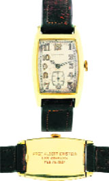 A Swiss-made Longines wrist watch, seen front and back, which belonged to Albert Einstein.