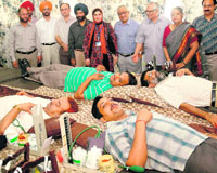 Tribune employees donate blood at a camp organised on the occasion of the 110th death anniversary of Sardar Dyal Singh Majithia, the founder of the Tribune Trust, on Tuesday.