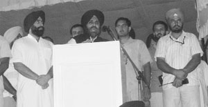 SAD president Sukhbir Badal addresses a gathering at Dussehra ground in Kharar on Tuesday evening.