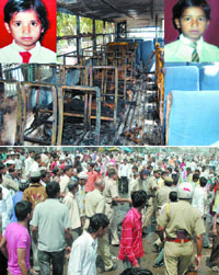 An angry mob burnt the chartered bus that crushed two girl students (inset) at Zafarabad in East Delhi on Tuesday. (Below) The police tries to control the mob that gathered outside the school at Zafarabad after the accident.
