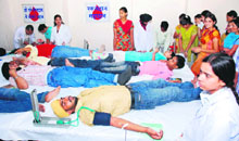 Volunteers donate blood at Dyal Singh College, Karnal, on Tuesday.