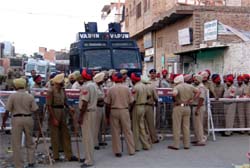 Policemen were deployed in large numbers to ensure peace and harmony in Malout on Tuesday. Tribune photo: Kulbir Beera