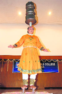 Bhavai dancer Roop Singh Sheikhawat performs in Ludhiana on Wednesday.