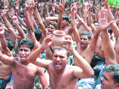 Dismissed UP policemen protest at Jantar Mantar in New Delhi on Thursday.