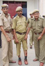 Bhondsi jail warden Bijender who was injured in a quarrel with jail inmates on Thursday.
