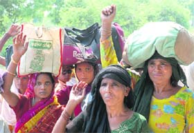 Members of the banjara tribe, who are holding a march from Sonepat to Chandigarh, in Karnal