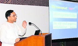 Dr R. Vatsyayan, an ayurveda practitioner, speaks on rheumatoid arthritis during a CME organised in Ludhiana