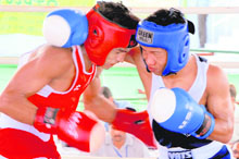 A bout in progress at the 55th Senior National Boxing Championship in Bathinda.