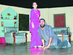 A scene from Terrorist dee Premika staged at Punjab Naatshala in Amritsar on Friday.