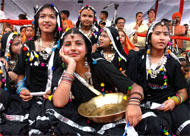 Abhay Singh Chautala, Bikramjit Singh Majithia, Punjab minister for information and public relations, Sanjay Dutt and Sukhbir Badal enjoy a lighter moment at the concluding ceremony of the 55th Senior National Boxing Championship in Bathinda on Friday; (right) Girls presenting a cultural programme on the occasion.