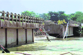 The Baluaha bridge on Kosi river that collapsed due to floods, in Madhepura district of Bihar on Friday.