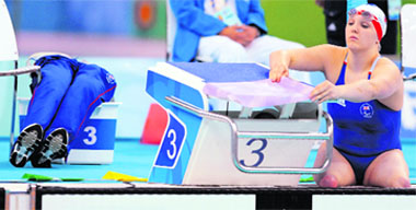 Charlotte Henshaw of Great Britain gets ready before the womens 100m breaststroke SB6 final during the 2008 Beijing Paralympic Games at the National Aquatics Center in Beijing