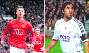 Cristiano Ronaldo (L) of Manchester United and Raul of Real Madrid will head their respective teams challenge in the Champions League