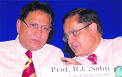 Dr Anil Kohli (right), president of Dental Council of India, shares a point with Prof R.C. Sobti, vice-chancellor, Panjab University, during the inauguration of the academic session of Dr H.S. Judge Dental Institute, at Law Auditorium, on Saturday. 