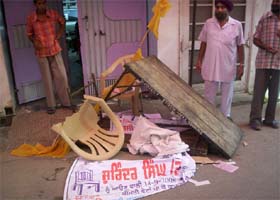 The ransacked polling camp of Surinder Singh Goga, the rival candidate of Gulwinder Singh