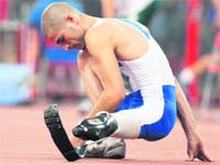 Germanys Christos Kapellas prepares for the mens high jump F44/46 final at the National Stadium, also known as the Birds Nest, during the Beijing 2008 Paralympic Games on Sunday. 
