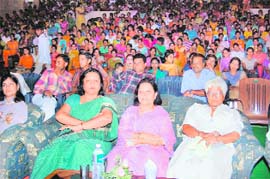 Sunita Setia (centre), chairperson of the Improvement Trust, Sirsa, flanked by Vijaya Tomar (left), principal of CMK National PG Girls College, during a talent search competition in Sirsa. 