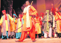Artistes stage Dhamak Nagare Di at Panjab Kala Bhawan during Gursharan Singh Natt Utsar in Chandigarh on Tuesday.