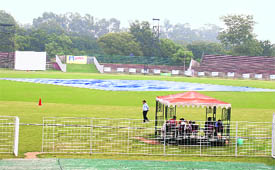 The Sector-16 Cricket Stadium wore a deserted look as the rain forced the organisers to stop the match.