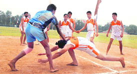 A Kabaddi match in progress during the Panjab University inter-college tournament. 