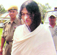 Irom Chanu Sharmila, who is on fast since 2000 demanding the repeal of the Armed Forces Special Powers Act, at Lamphelpat court in Imphal on Wednesday.