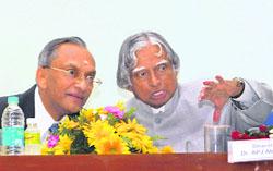 Former President A.P.J. Abdul Kalam with DRDO director-general M. Natrajan (left) during the international workshop on Emerging framework and issues for S&T recruitments in New Delhi on Wednesday. 