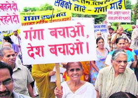 Activists of the Save Ganga Committee stage a protest against pollution in the river at the mini secretariat in Karnal