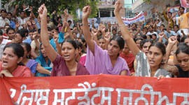Students under the banner of the Punjab Students Union protesting in favour of their demands in Bathinda on Friday.