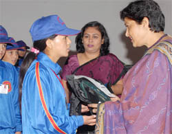 Girls students from Ladakh interact with  Manju Tonk, president of Vajra AWWA, in Jalandhar on Friday.  