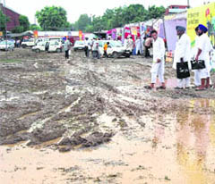 Farmers walk out of empty stalls following heavy rain on the second day of Kisan Mela at PAU in Ludhiana on Friday.