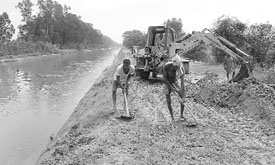 Clockwise from above:  Workers busy filling the danger site of Bhakra canal. Army personnel and villagers cordon off the area near SYL canal. A child makes his way through the flood waters. An elderly man passes through the flooded waters in Nangal village near Ambala on Sunday.