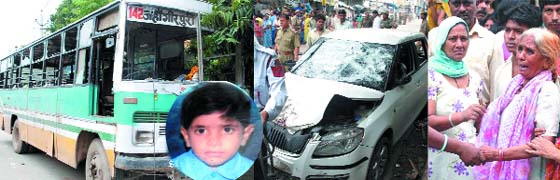 Five-year old Manu (inset), who died in a collision between a bus and a car in Ashok Vihar, New Delhi on Sunday. (Right) Grieving relatives of the child