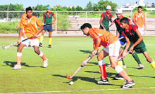 A match in progress during the Punjab State Hockey League at Punjab Agricultural University, Ludhiana, on Sunday.
