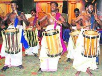 A cultural troupe presents a traditional dance during Onam celebrations in Ludhiana on Sunday.