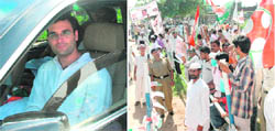 AICC general secretary Rahul Gandhi zips past Congress workers in Hallo Majra