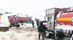 A view of a stretch of the Manal-Leh highway between Rohtang and Khoksar that was thrown open for vehicular traffic on Monday. 
