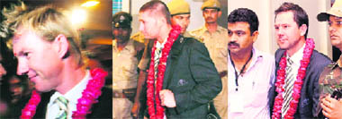Australian crickers Brett Lee, Michael Clarke and captain Ricky Ponting upon arrival at the Sanganer Airport in Jaipur