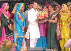 Dev Samaj College principal Madhu Prashar presenting a memento depicting Punjabi culture to AICC general secretary Rahul Gandhi at a function held on the college premises in Ferozepur on Tuesday