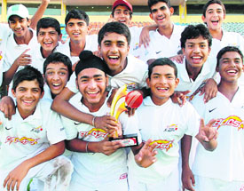 Members of Guru Nanak Public School, Sector 36, in a euphoric mood after bagging the Boost Cricket Cup 2008-2009 at PCA Stadium on Tuesday.