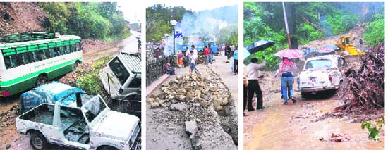 (From left to right) Damaged vehicles in rain-related mishaps, mess on the Mall and a view of the BCS-Khalini road which was closed due to slush and landslides. Tribune photos: Amit Sharma