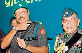 Lt-Colonel Kapil Dev: AVMS winner and former union minister K. P. Singh Deo, a Brigadier in the Territorial Army, with former cricketer Kapil Dev, after he voluntarily joined the Territorial Army, during a ceremony in New Delhi on Wednesday.