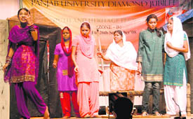 Students perform a skit during the Panjab University Youth Festival at MCM DAV College, Sector 36, in Chandigarh on Thursday.