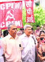CPM General Secretary Prakash Karat addresses activists of left parties during a demonstration against the Indo-US nuclear deal in New Delhi
