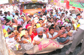 Farmers jostle to get quality seeds at a kisan mela in Bathinda on Thursday.