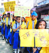 Students of various schools participate in an awareness rally against drug abuse, organised by the Punjab Women Yoga Association, in Amritsar.