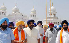 Chief Minister Parkash Singh Badal and SAD chief Sukhbir Singh Badal along with party functionaries at Takht Damdama Sahib before laying series of foundation stones in Talwandi Sabo