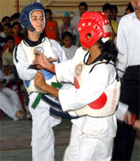 Take that: A match in progress at the 54th Punjab School Games in Bathinda on Saturday. 